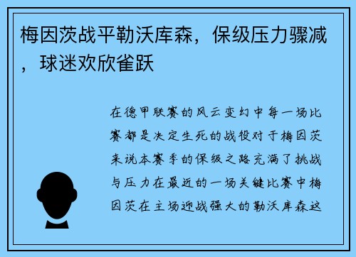 梅因茨战平勒沃库森，保级压力骤减，球迷欢欣雀跃