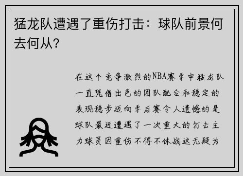 猛龙队遭遇了重伤打击：球队前景何去何从？